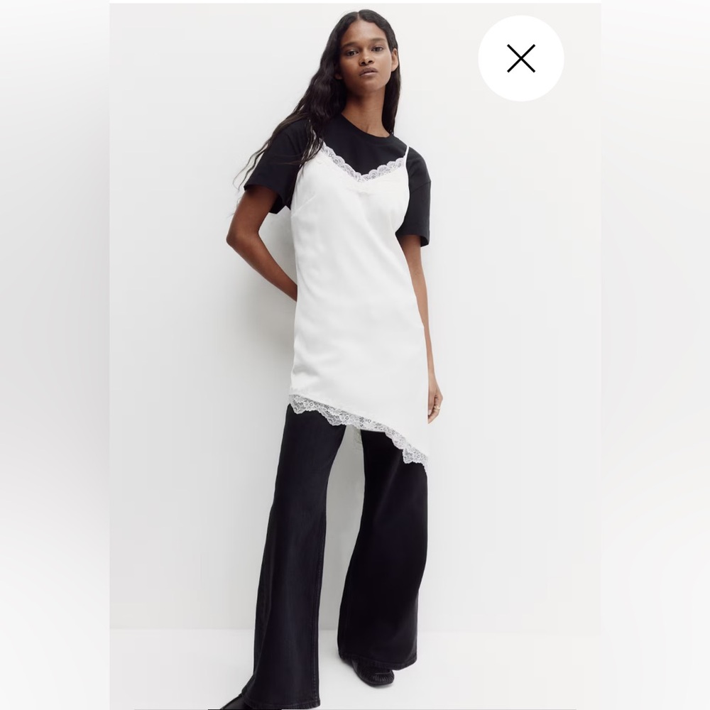 LACE-TRIMMED SATIN DRESS, Ivory, size XL